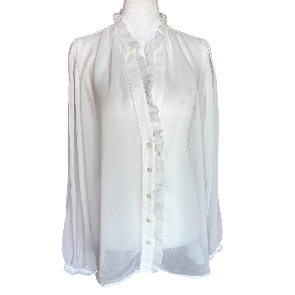 Sea NY Blouse Sz L Ivory Ruffle Button Up Sheer Long‎ Sleeve Romantic Coquette